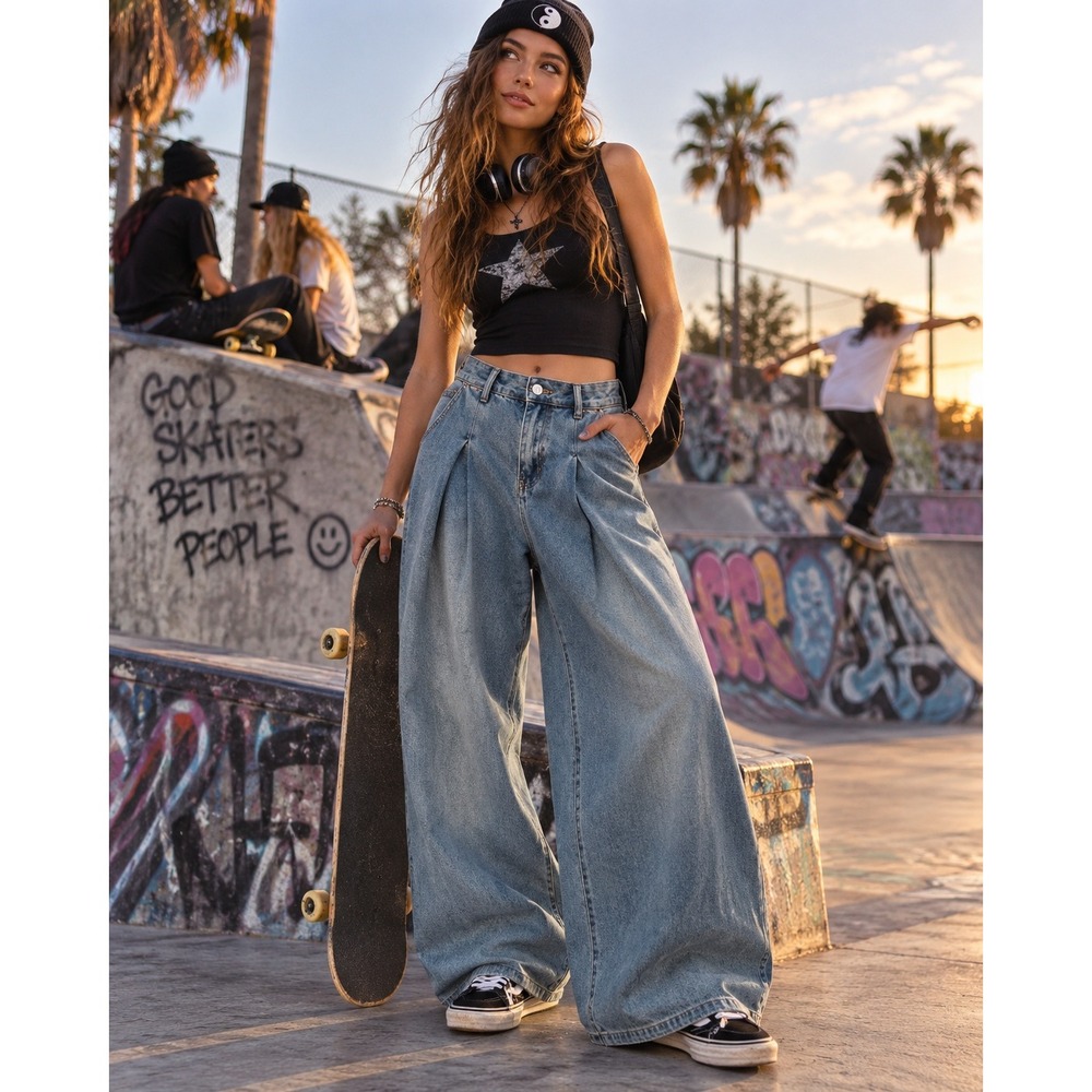 Medium Wash Super Wide Leg Pleated Jeans High Waisted Y2K Skater Womens Size L